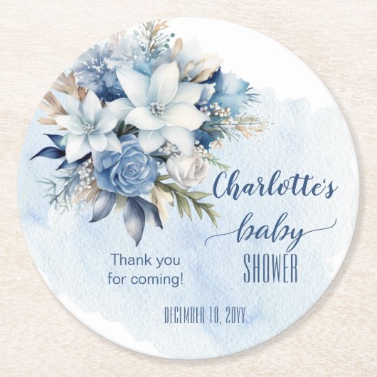 Elegant Blauw Winter Bloemen Jongen Baby shower Ronde Kartonnen Onderzetter (Voorkant)