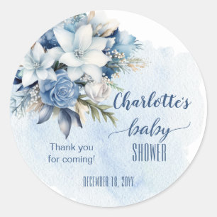 Elegant Blauw Winter Bloemen Jongen Baby shower Ronde Sticker