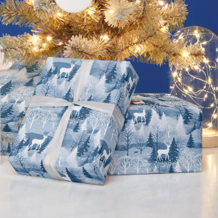 Elegant Blauw Winter Bossen & Herten Kerstmis Cadeaupapier