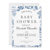 Elegant blauw-wit Baby shower uitnodiging