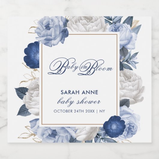 Elegant Blauw & Wit Bloem Baby shower Sparkling Wijnetiket (Enkel label)