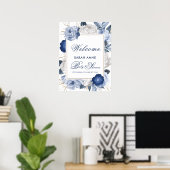 Elegant Blauw Wit Bloem Baby shower Welkom Poster (Thuiskantoor)