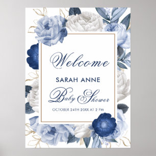 Elegant Blauw Wit Bloem Baby shower Welkom Poster