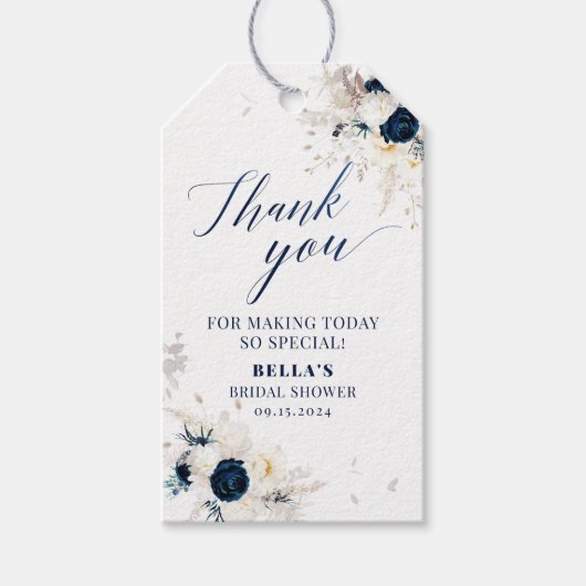 Elegant Blauw & Wit Bloemen Bruids Dank u Cadeaulabel (Voorkant)