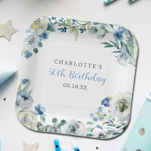 Elegant Blauw Wit Bloemen Custom Verjaardagsfeest Papieren Bordje