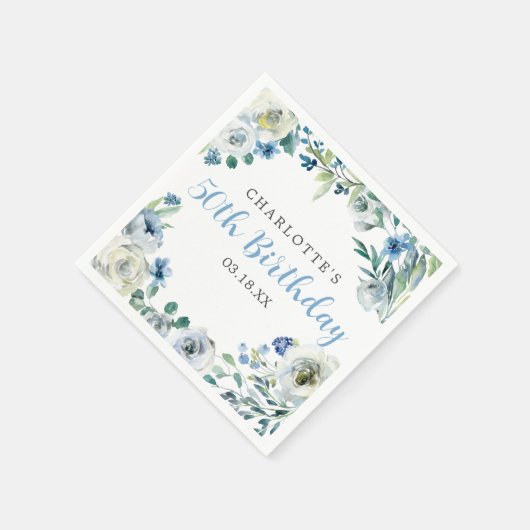 Elegant Blauw Wit Bloemen Custom Verjaardagsfeest Servet (Hoek)