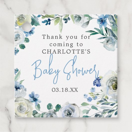 Elegant Blauw Wit Bloemen Jongen Baby shower Bedankjes Labels (Voorkant)