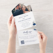Elegant Blauw Wit Bloemen Monogram Foto Bruiloft All In One Uitnodiging (Afscheurbaar)