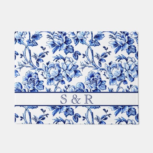 Elegant Blauw Wit Bloemen Toile Bruiloft Deurmat (Voorkant)