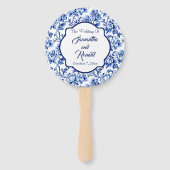 Elegant Blauw Wit Bloemen Toile Bruiloft Handwaaier (Voorkant)