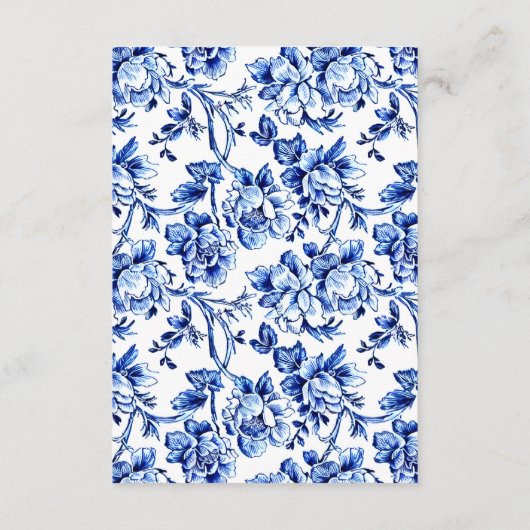 Elegant Blauw Wit Bloemen Toile Bruiloft Informatiekaartje (Achterkant)