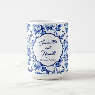 Elegant Blauw Wit Bloemen Toile Bruiloft Koffiemok