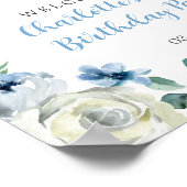 Elegant Blauw Wit Bloemen Verjaardagsfeestje Welko Poster (Hoek)
