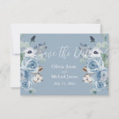 Elegant Blauw & Wit Bloemend Script Sla de Datum O Save The Date (Voorkant)