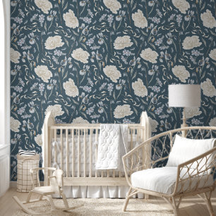 Elegant blauw & wit bloemenpatroon op blauw behang