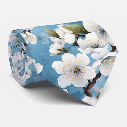 Elegant Blauw Wit Bloesem Werk Bruiloft Hals Stropdas (Opgerold)