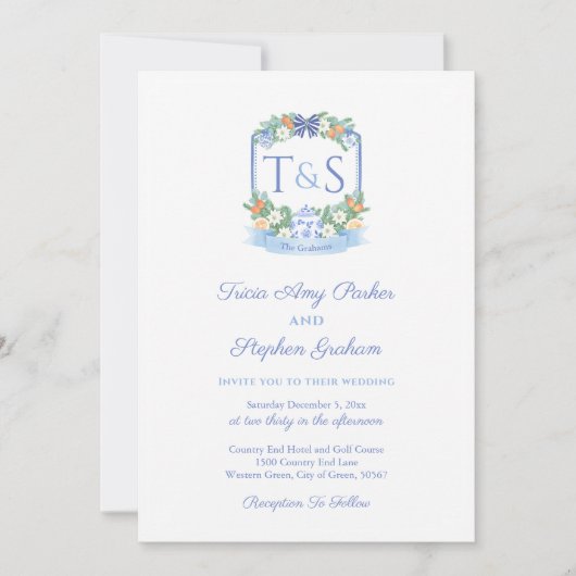 Elegant Blauw Wit Citrus Crest Feestdagen Bruiloft Kaart (Voorkant)