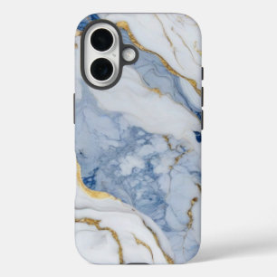 Elegant blauw wit goud marmer graniet patroon iPhone 16 hoesje