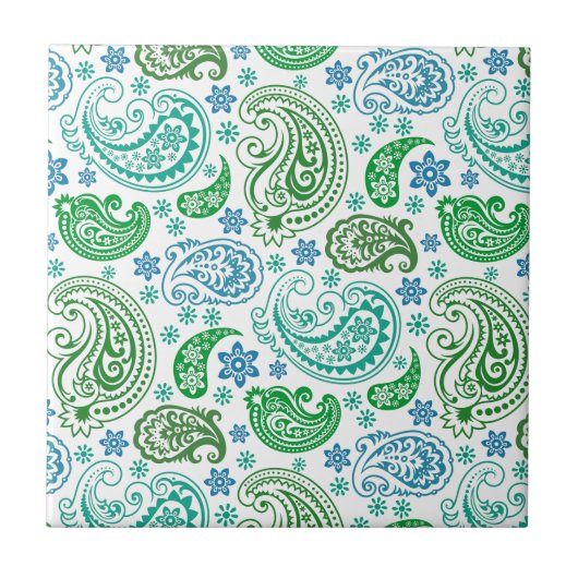Elegant Blauw Wit & Groen  Paisley Tegeltje (Voorkant)