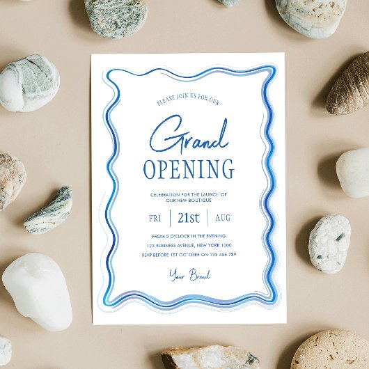 Elegant Blauw & Wit Hand getrokken Logo Grand Open Kaart