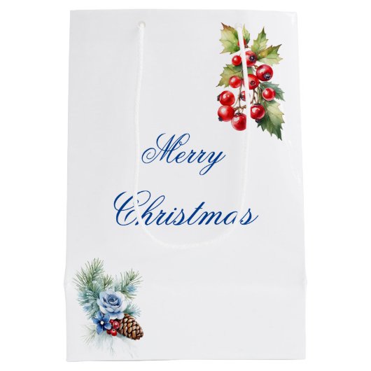 Elegant Blauw Wit Holly Bessen Vrolijk Kerstfeest Medium Cadeauzakje (Achterkant)