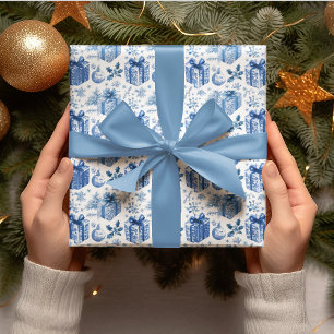 Elegant Blauw & Wit Kerstcadeau Inpakpapier
