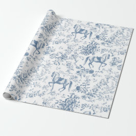 Elegant  Blauw Wit Paard Bloemenpatroon Cadeaupapier
