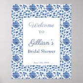 Elegant blauw-wit patroon Bruiloftsshower welkom Poster (Voorkant)