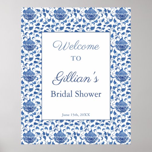 Elegant blauw-wit patroon Bruiloftsshower welkom Poster (Voorkant)