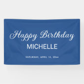 Elegant blauw wit script Happy Birthday Spandoek (Horizontaal)