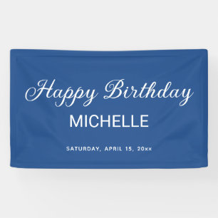 Elegant blauw wit script Happy Birthday Spandoek