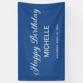 Elegant blauw wit script Happy Birthday Spandoek (Verticaal)