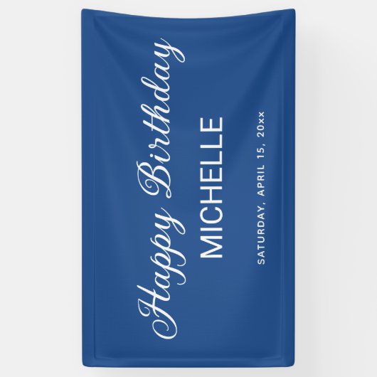 Elegant blauw wit script Happy Birthday Spandoek (Verticaal)
