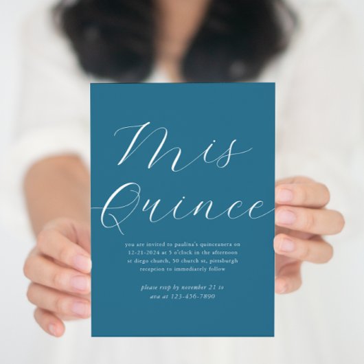 Elegant Blauw Wit Script Quinceañera Kaart