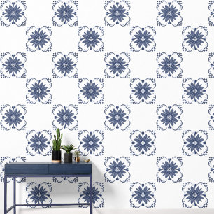 Elegant Blauw Wit Waterverf Mediterrane Tegel Behang