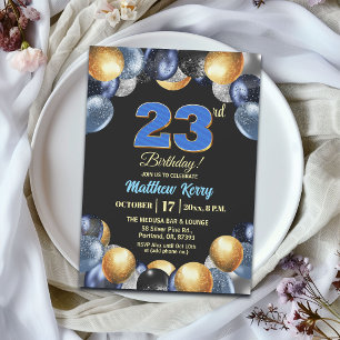 Elegant Blauw Zilver Goud 23e Verjaardagsfeest Kaart