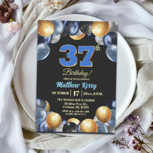 Elegant Blauw Zilver Goud 37e Verjaardagsfeest Kaart