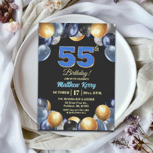 Elegant Blauw Zilver Goud 55ste Verjaardagsfeest Kaart