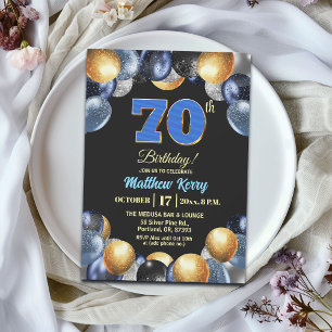 Elegant Blauw Zilver Goud 70ste Verjaardagsfeest Kaart