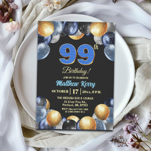 Elegant Blauw Zilver Goud 99ste Verjaardagsfeest Kaart