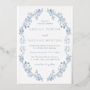  Elegant Blauw & Zilver Huwelijk Folie Uitnodiging