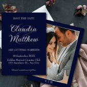 Elegant Blauw & Zilver Schrift Foto Bruiloft Save The Date