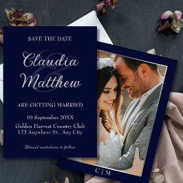 Elegant Blauw & Zilver Schrift Foto Bruiloft Save The Date