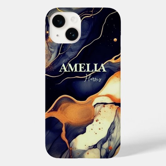 Elegant blauw zwart marmer kunst faux gouden glitt Case-Mate iPhone case (Achterkant)