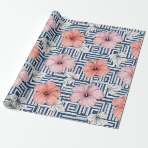 Elegant Blauwe Hibiscus Bloempatroon (6) Cadeaupapier