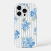 Elegant Blauwe Hortensia Patroon Grijze Streep iPhone Hoesje (Achterkant)