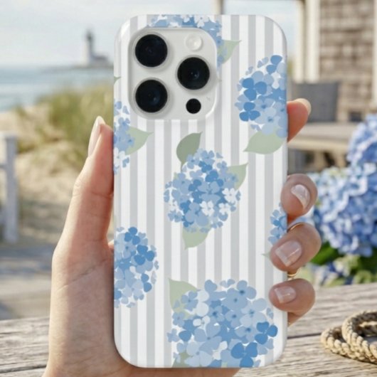 Elegant Blauwe Hortensia Patroon Grijze Streep iPhone Hoesje