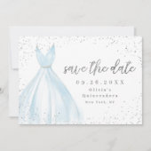 Elegant blauwe jurk redt de datum quinceanera save the date (Voorkant)