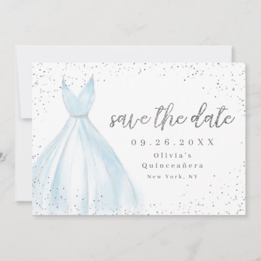 Elegant blauwe jurk redt de datum quinceanera save the date (Voorkant)