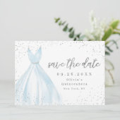 Elegant blauwe jurk redt de datum quinceanera save the date (Staand voorkant)